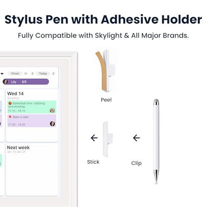 Stylus Pen with Adhesive Holder, Compatible with Skylight Calendar, 2-in-1 Dual Tip (Mesh & Disc) Stylus for Tablet & Smart Digital Calendar, No Charging, Always Attached, White