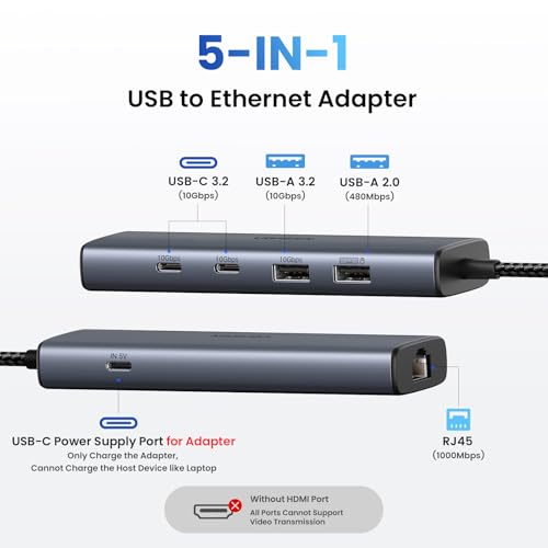 UGREEN USB to Ethernet Adapter, 10Gbps Data Port 5-in-1 Hub Ethernet | with 2*USB-C 3.2, USB-A 3.2/2.0, Gigabit RJ45, Power Port (Only for Adapter), USB A to Network Hub for Laptop, MacBook, XPS