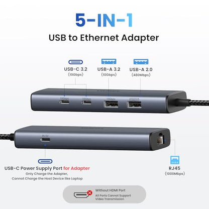 UGREEN USB to Ethernet Adapter, 10Gbps Data Port 5-in-1 Hub Ethernet | with 2*USB-C 3.2, USB-A 3.2/2.0, Gigabit RJ45, Power Port (Only for Adapter), USB A to Network Hub for Laptop, MacBook, XPS