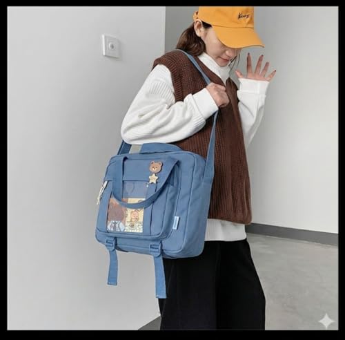 Kawaii Crossbody Ita Bag for Women with Pin & Plush Bear - Japanese Messenger Bags Y2K Shoulder Purse - color: B Pro Blue (Fits 13.4" Laptop)