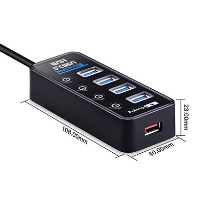 USB Hub with 4 USB 3.0 Data Ports + 1 USB Smart Charging Port | 5 Ports USB 3.0 Hub with Power Supply, Individual On/Off Port Switches for MacBook, Mac Pro, Hard Drive and More
