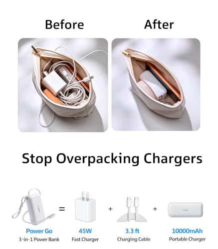 TORRAS PowerGo 3-in-1 Portable Charger,10000mAh Power Bank | 45W Fast Charging with Retractable USB-C Cable & Foldable Wall Plug Travel Essentials for iPhone 17/16/15, iPad, MacBook