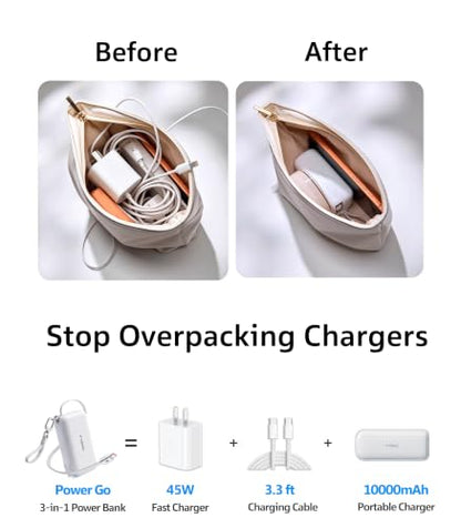 TORRAS PowerGo 3-in-1 Portable Charger,10000mAh Power Bank | 45W Fast Charging with Retractable USB-C Cable & Foldable Wall Plug Travel Essentials for iPhone 17/16/15, iPad, MacBook