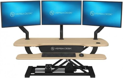 VERSADESK PowerPro 40 Inch Electric Standing Desk Converter – Push-Button Height Adjustable Sit to Stand Desk Riser for Triple Monitors & Laptop – Motorized Desktop Workstation with Wide Keyboard Tray - color: Maple, size: 40" Wide