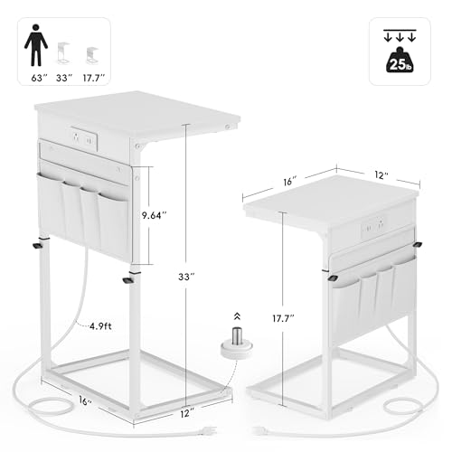 Vagusicc C Shaped End Table with Charging Station, Adjustable Height Side Table for Couch, Sofa Table Laptop Couch Side Tables, Slide Under Sofa TV Tray Arm C Tables for Living Room Bedroom, White - color: 1pc White