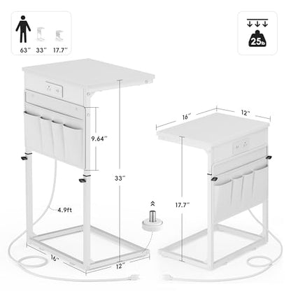 Vagusicc C Shaped End Table with Charging Station, Adjustable Height Side Table for Couch, Sofa Table Laptop Couch Side Tables, Slide Under Sofa TV Tray Arm C Tables for Living Room Bedroom, White - color: 1pc White