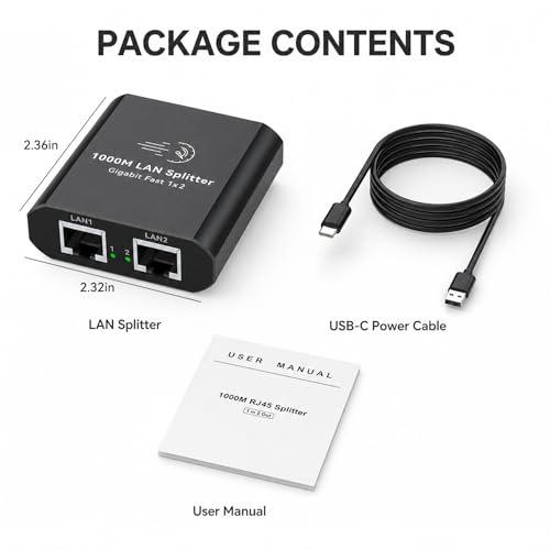 Ethernet Splitter 1 to 2 Mini Gigabit Internet Switch 1 in 2 Out LAN and RJ45 Port Splitter High Speed Network Adapter for 5/5e/6/7/8 with USB c Power Cable