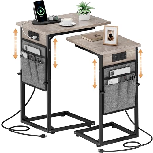 Vagusicc C-Shaped End Tables Set of 2 with Charging Station, 33'' Tall C Table Adjustable Height Side Table, Sofa Table for Couch, Couch Table that Slide Under Sofa, TV Trays for Living Room, Greige - color: 2pc Greige, style: With Plug