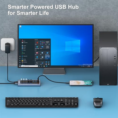 BENFEI 8-Port USB Hub with Power Adapter, USB Splitter Hub(7 Faster Data Transfer Ports + 1 Smart Charging Port) with Individual LED On/Off Switches
