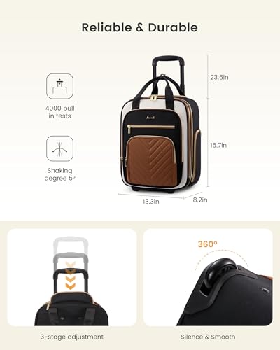 LOVEVOOK Underseat Carry On Luggage with Wheels, Stylish Under Seat Luggage with Giant Tumbler Holder Pocket, Soft Sided Small Suitcase for Travel, Work - color: Black-White-Chestnut