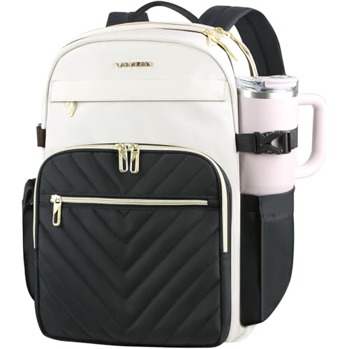VANKEAN Laptop Backpack for Women with Pouch Pocket for Large Capacity Tumbler, 15.6 Inch Laptop Computer Bag Travel Backpack Purse,Waterproof Work Business Backpack Teacher Bags Beige-Black - color: Beige-black, size: 15.6 Inch