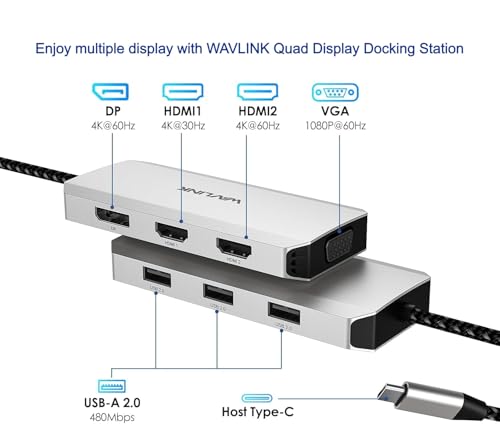 WAVLINK USB-C Quad Display Docking Station | 4K Triple Monitor Laptop Dock Hub for Windows, Dual HDMI + DisplayPort + VGA, 3 USB Ports