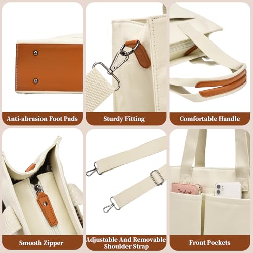 Canvas Laptop Tote Bag for Women | 15.6" Laptop Compartment - color: Ivory