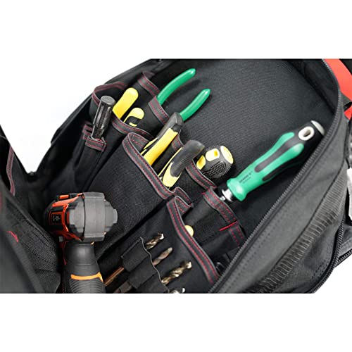 MELOTOUGH Wheeled Rolling Tool Backpack Heavy Duty Red | Heavy-Duty 600D, Red Polyester, Padded Laptop Sleeve, 37 Pockets for Tools, Smooth Rolling Wheels, Telescoping Handle - color: Red