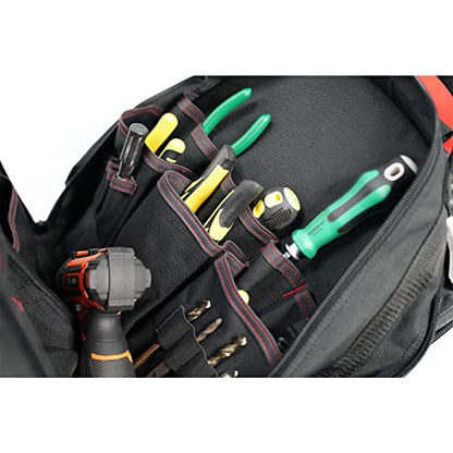 MELOTOUGH Wheeled Rolling Tool Backpack Heavy Duty Red | Heavy-Duty 600D, Red Polyester, Padded Laptop Sleeve, 37 Pockets for Tools, Smooth Rolling Wheels, Telescoping Handle - color: Red