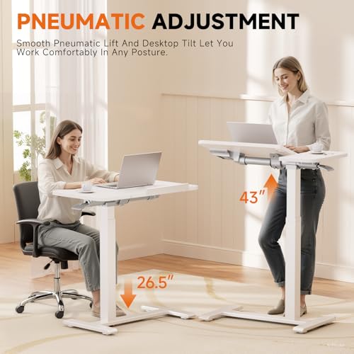 COMHOMA Tiltable Mobile Small Standing Desk, Pneumatic Adjustable Height Overbed Bedside Table with Wheels, Sit Stand Portable Rolling Laptop Desk Computer Workstations, White - color: White