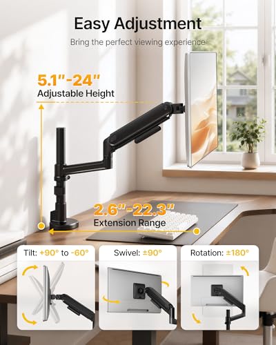 monTEK Tall Single Monitor Arm, 17–40" Full Motion Height Adjustable，Black | Heavy-duty Aluminum Single Mount for 17–40"Monitor Up to 26.4 Lbs,Mechanical Spring, 75/100 VESA with Full Motion Adjustment - size: Single Arm without USB