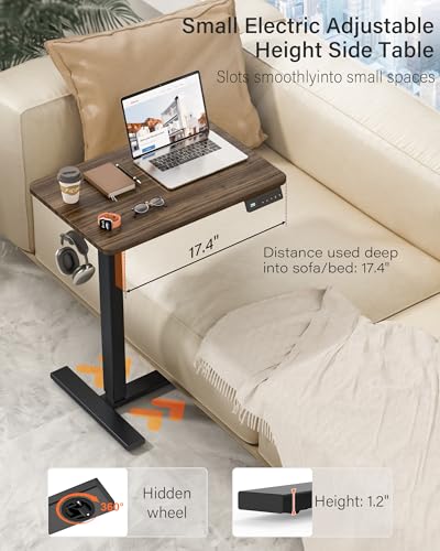 FiCiHi Electric Overbed Table, Adjustable Height Bedside Desk with Hidden Wheels, Rolling Sit-Stand Laptop Table for Bed, Couch, Sofa, Home Office & Hospital Use, (24" x 16", Walnut) - color: Walnut, size: 24 x 16"
