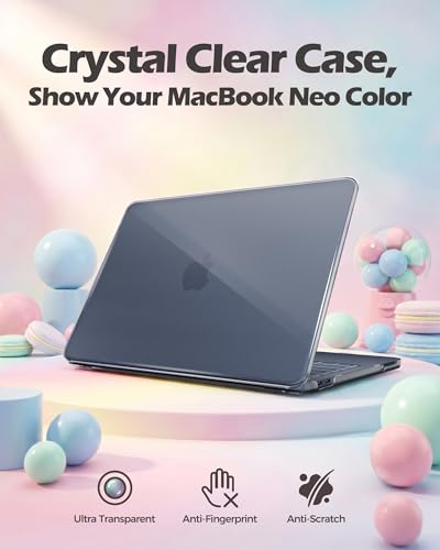 ProCase Crystal Clear Case for MacBook Neo 13 Inch 2026 Model A3404, Ultra-Thin Hard Shell Protective Laptop Cover with Keyboard Skin & Blue Stickers - color: Clear Case + Blue Stickers