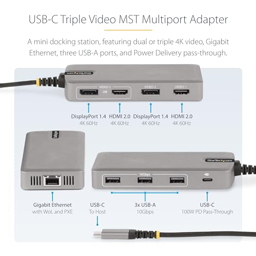 StarTech USB-C Triple 4K HDMI DP Docking Station, 100W Laptop Charging, GbE | Up to 85W host charging, 2ft 60cm cable, WoL, MAC address passthrough, Wi-Fi auto switch, Mixed-fleet rollout - style: Triple monitor