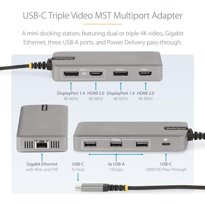 StarTech USB-C Triple 4K HDMI DP Docking Station, 100W Laptop Charging, GbE | Up to 85W host charging, 2ft 60cm cable, WoL, MAC address passthrough, Wi-Fi auto switch, Mixed-fleet rollout - style: Triple monitor