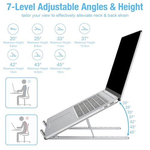 Marte Vanci Laptop Stand for Desk, Portable Computer Riser with 7 Adjustable Angles, Foldable Notebook Holder Ergonomic Ventilated Cooling Aluminum Computer Stand for Laptops Tablets up to 16” Silver - color: Silver