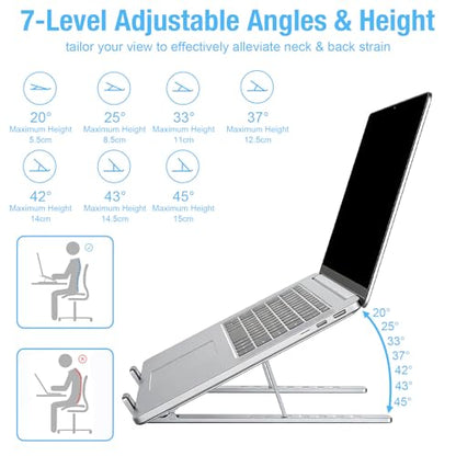 Marte Vanci Laptop Stand for Desk, Portable Computer Riser with 7 Adjustable Angles, Foldable Notebook Holder Ergonomic Ventilated Cooling Aluminum Computer Stand for Laptops Tablets up to 16” Silver - color: Silver