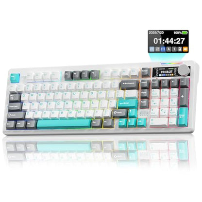 LINGBAO K98 PRO 96% Wireless Mechanical Gaming Keyboard with Screen & Knob | Tri-Mode BT5.0/2.4G/USB-C, Gasket Mount Hot Swappable Linear Switches, RGB Backlit Creamy Sounding for PC/Mac Office& Gaming - color: K98Pro | 10000mAh | White Blue Grey