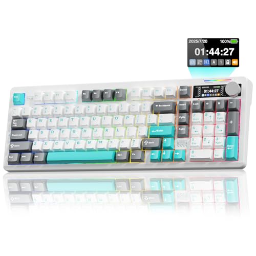 LINGBAO K98 PRO 96% Wireless Mechanical Gaming Keyboard with Screen & Knob | Tri-Mode BT5.0/2.4G/USB-C, Gasket Mount Hot Swappable Linear Switches, RGB Backlit Creamy Sounding for PC/Mac Office& Gaming - color: K98Pro | 10000mAh | White Blue Grey