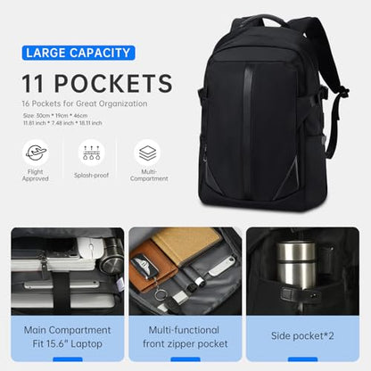 Laptop Backpack for Men, Business Backpack with USB Charging for 15.6 Inch Computer Bag, 30L Black Lightweight Anti-theft Water-Resistant Backpack, Suitable Business Work College Travel