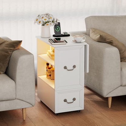Lareth Rolling Side Table with Wheels, Led Lights & Charging Station | Foldable Desktop Narrow End Table, 1 Drawer, 2 Bookshleves, 27.56"H Tall Nightstand for Small Space, Living Room, White - color: B White