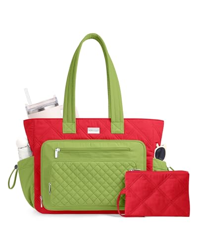 TOPDesign Puffer Laptop Bag for Women, Quilted Teacher Tote Nurse Work Briefcase, Computer Handbag with 40oz Cup Holder - color: Red/Green/Green, size: 15.6 Inch