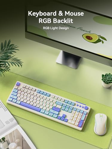 Wireless Keyboard and Mouse Combo, RGB Backlit Rechargeable 2000 mAh Battery, Wireless Computer Keyboards, Tri-Mode Bluetooth/2.4GHz/USB-C Custom Creamy Keyboard, RGB Backlit Media Knob - color: Purple-Beige
