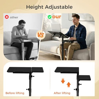 Aothia Small Standing Desk Rolling Table Adjustable Height, Laptop Mobile Stand with Wheels, Overbed Table, Portable Computer Workstation with Tiltable Desktop for Teacher Classroom Home Office, Black - color: Black