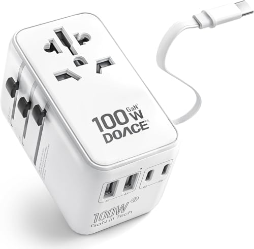 DOACE 100W GaN Universal Travel Adapter with USB-C Cable | 100W GaN Fast Charging, Built-in USB-C Cable, 6-in-1 Design, Works in Europe, UK, US & Australia, Compact Travel Essential - color: White
