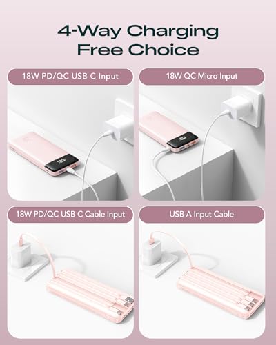 Orfeika 20000mAh Power Bank Fast Charging, Portable Charger with 4 Built-in Cables & 6 Outputs, 20W PD USB C Battery Pack Compatible with iPhone 16/15, Galaxy, Android, iPad & More (Travel Essential) - color: SoftPink