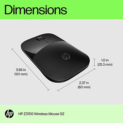 HP Z3700 G2 Wireless Mouse - Onyx Black, Sleek Portable Design fits Comfortably Anywhere, 2.4GHz Wireless Receiver, Blue Optical, for Wins PC, Laptop, Notebook, Mac, Chromebook (681R7AA#ABL) - color: Onyx Black