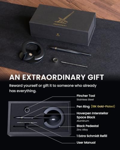 novium Hoverpen Interstellar - Space Black, Ballpoint Pen | 18K Gold-plated Pen Ring, 23.5 Degree Angle, Schmidt Ballpoint Refill, No Spills, No Spotting, No Explosions - color: Space Black, style: 18K Gold-Plated