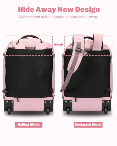 Hynes Eagle Rolling Backpack 42L Backpack with Wheels Airline Approved Carry on Luggage Laptop Travel Suitcase Bag for Women Men Light Pink - color: Light Pink