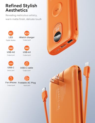 Portable Charger 10000mAh 20W, Wall Plug, 2 Cables, iWatch Charging | Digital Display, Compact Lightweight, USB C Fast Charge, USB-A 18W, Multi Protection, Travel Essential, for iPhone 17 16, Pad - color: Vitality Orange