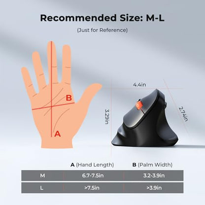 MEETION Wireless Ergonomic Vertical Mouse, Bluetooth & 2.4G, Large | Connects up to 3 devices with dual Bluetooth 5.3 and 2.4G, adjustable 1200-3200 DPI, designed for large hands, Windows/Mac/PC - color: Right Black Batt