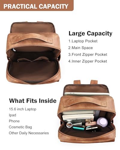 MASINTOR 15.6 inch PU Leather Laptop Backpack Purse for Women | College Laptop Backpack, Spacious Main Compartment, Luggage Strap & Padded Sleeve, Ideal for Campus, Commute & Travel - color: Mocha Brown