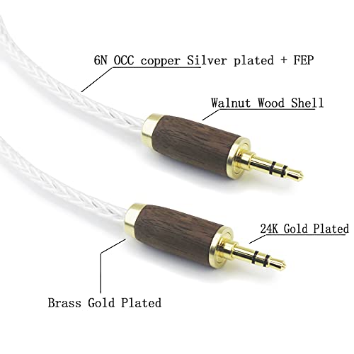 NewFantasia 3.5 mm Male to Male Stereo Audio Cable Headphone Audio Adapter 8 Cores 6N OCC Copper Single Crystal Silver Plated Walnut Wood Shell AUX Cord 3.5mm to 3.5mm Male 15cm/5.9inch