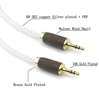 NewFantasia 3.5 mm Male to Male Stereo Audio Cable Headphone Audio Adapter 8 Cores 6N OCC Copper Single Crystal Silver Plated Walnut Wood Shell AUX Cord 3.5mm to 3.5mm Male 15cm/5.9inch