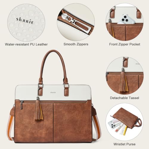 Laptop Bag for Women,Water-Resistant Work Bag Laptop Tote Bag,Briefcase with Satchel Purse - color: Beige With Brown