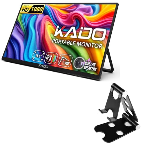 Kado 15.6" Full HD Portable Monitor Aluminum Foldable Stand Set, Second Display IPS 1920x1080 HDMI USB Type-C Laptop Screen Extender, 180° Kickstand Wall/Arm Mount for PC, Mac, Phone, Dex, Tablet
