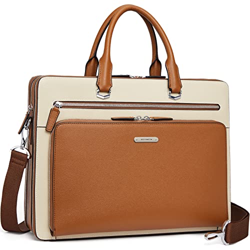 BOSTANTEN Briefcases for Men Messenger Bag Genuine Leather Laptop Bag 15.6 inch Office Work Tote for Buisness Travel - color: C-brown&beige