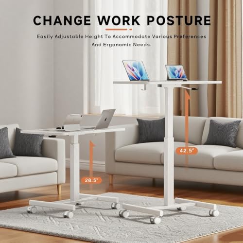 Mobile Small Standing Desk,Gas Spring Adjustable Height Rolling Portable Laptop Desk with Lockable Wheels, Computer Workstation for Home Office, White - color: White