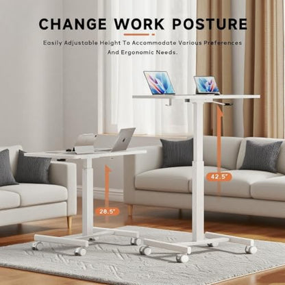 Mobile Small Standing Desk,Gas Spring Adjustable Height Rolling Portable Laptop Desk with Lockable Wheels, Computer Workstation for Home Office, White - color: White