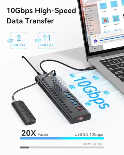Powered USB Hub, AGEEN 16-Port USB 3.2 Hub (14 USB-A+2 USB-C), 10Gbps | 11*USB-A 3.0, 3*QC 24W Fast Charging, 2*USB-C 3.0, Plug & Play, Aluminum, 96W Power Adapter for PC, Laptop, HDD, Flash Drive